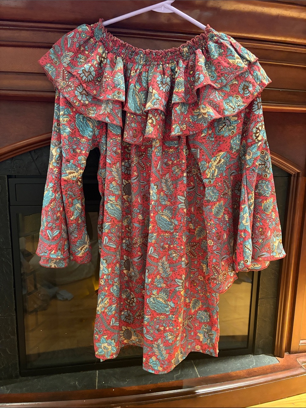 EARTHBOUND Coral Paisley Off-Shoulder Midi Dress with Teal and Cream Accents